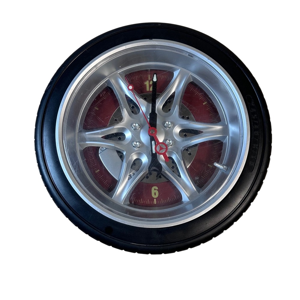 Unique Car Wheel Tire Clock Silver Hub Red Face Automotive Decor